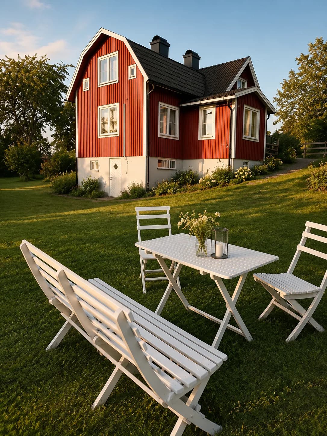 Rotes Holzhaus mit weißer Gartenmöbelgruppe auf dem Rasen