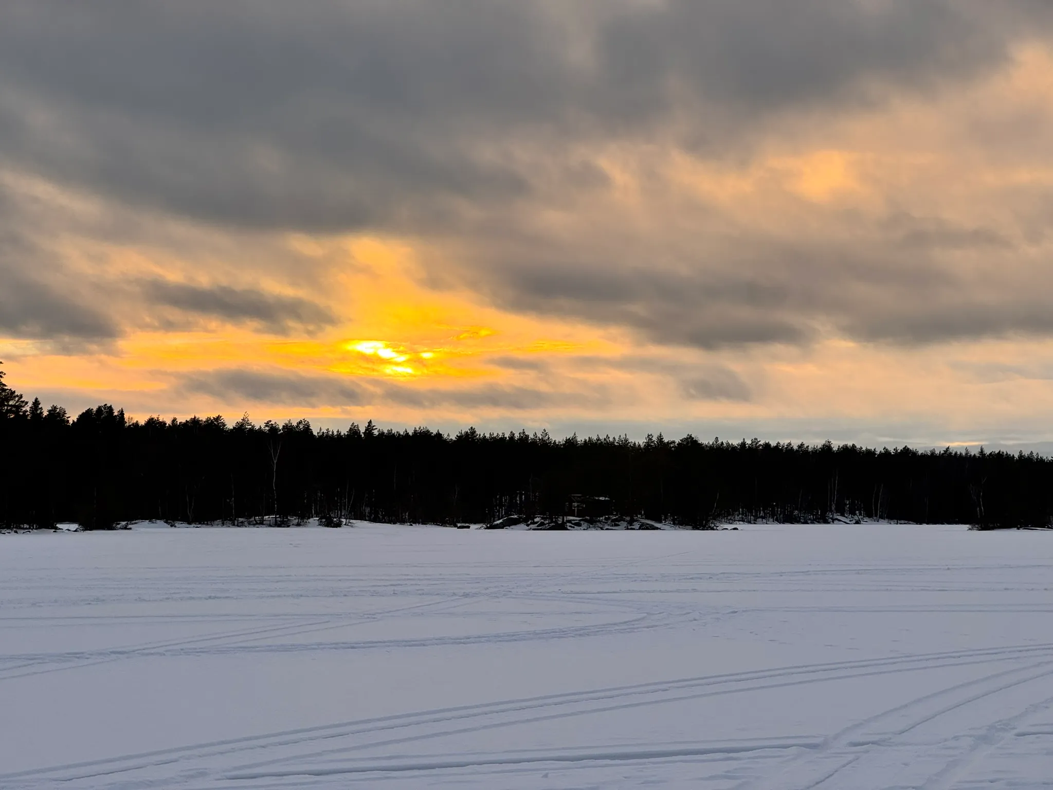Abendhimmel über verschneitem Feld und Waldrand