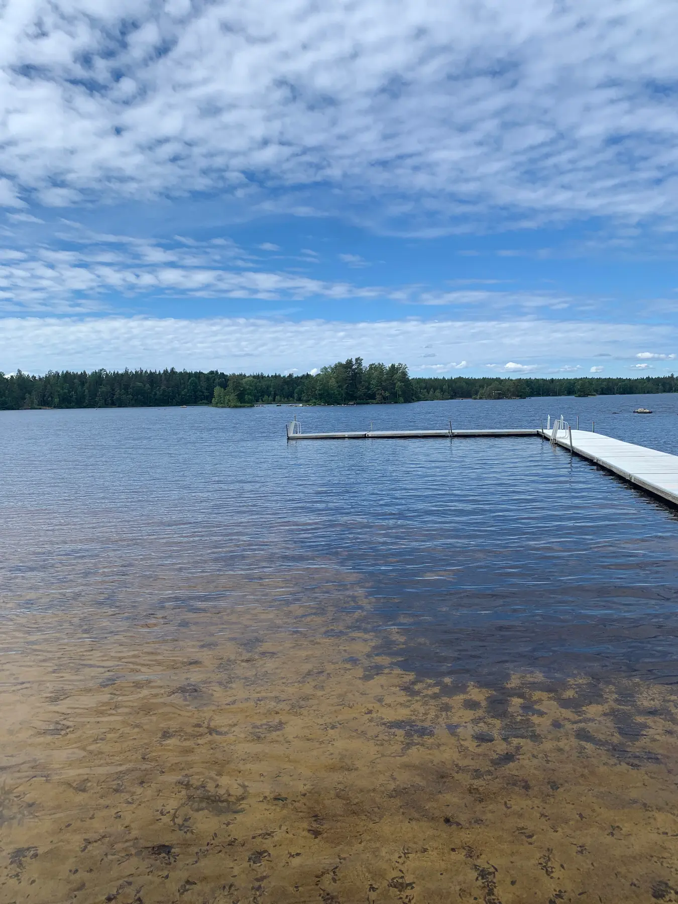 Steg am Skiren mit klarem Wasser und Waldufer