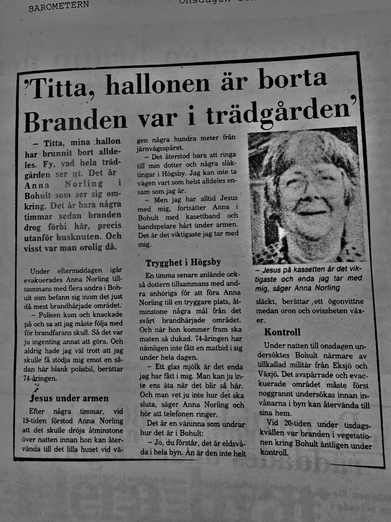 Historischer Zeitungsausschnitt über Anna Norling und den Waldbrand von 1983
